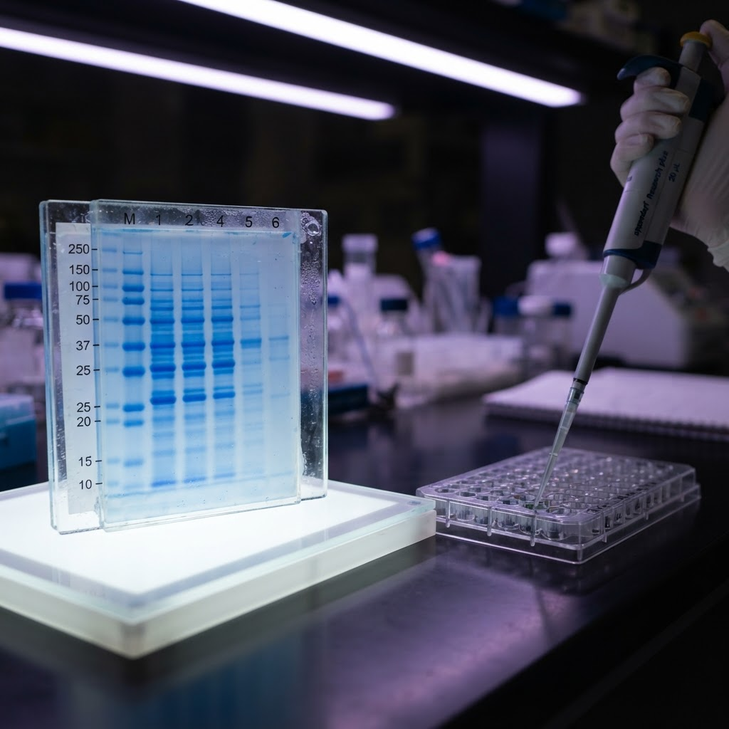 Blue-stained SDS-PAGE protein gel with clear banding patterns beside a pipette