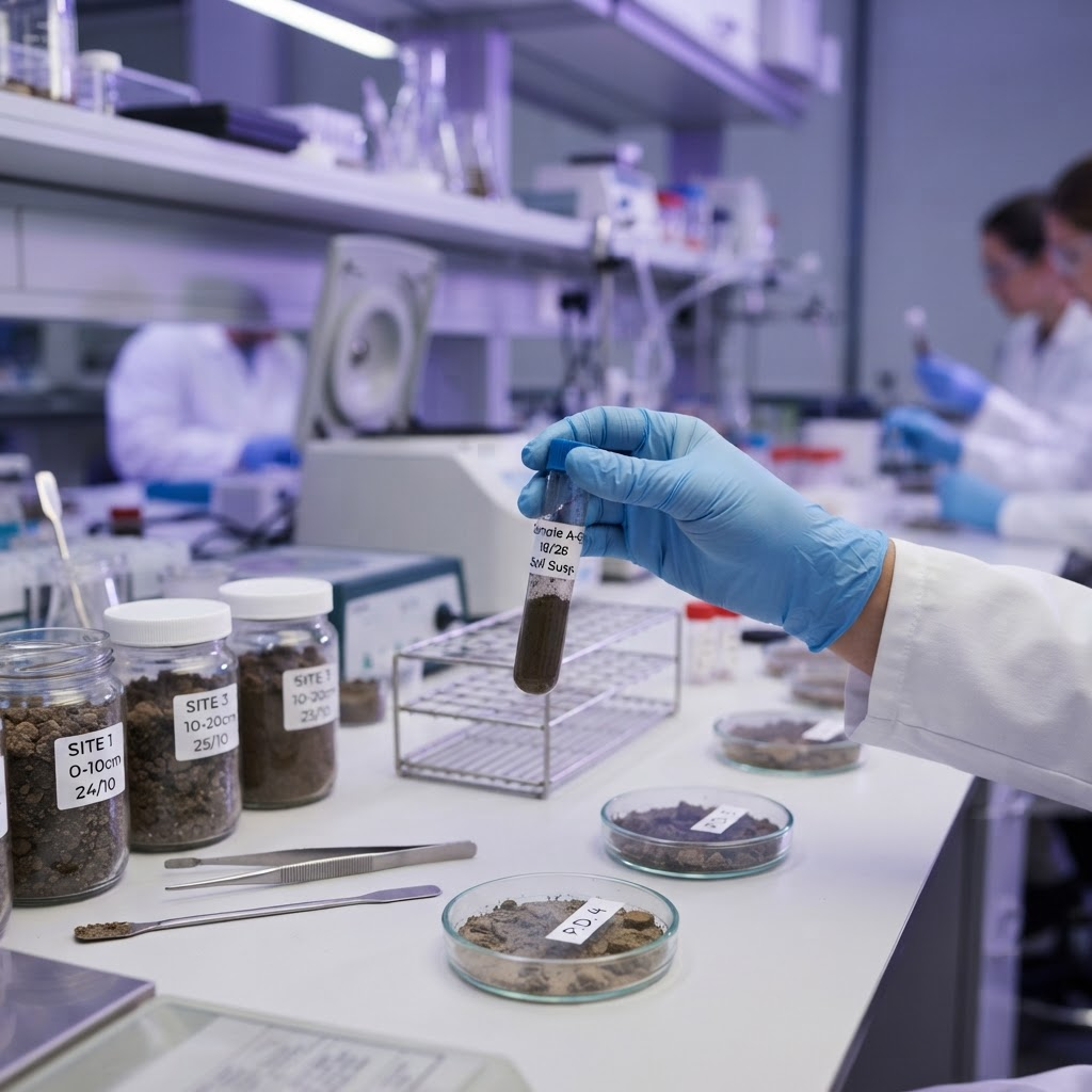 Soil samples in labeled jars being analyzed on a laboratory bench